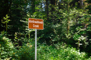 A sign in a forest reads "Ahntkwahkwah Creek"